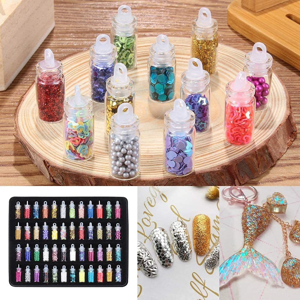 Gleevia Glitter Bottles 48in1 Resin Charm Glitter Sequins Mylar Set With Tweezer Combo (Multicolor)