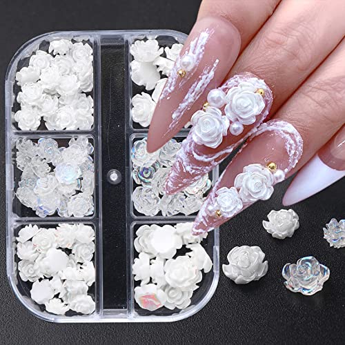 Gleevia 90Pcs White 3D Acrylic Flower Nail Charms Nail Art Acrylic Jewelry