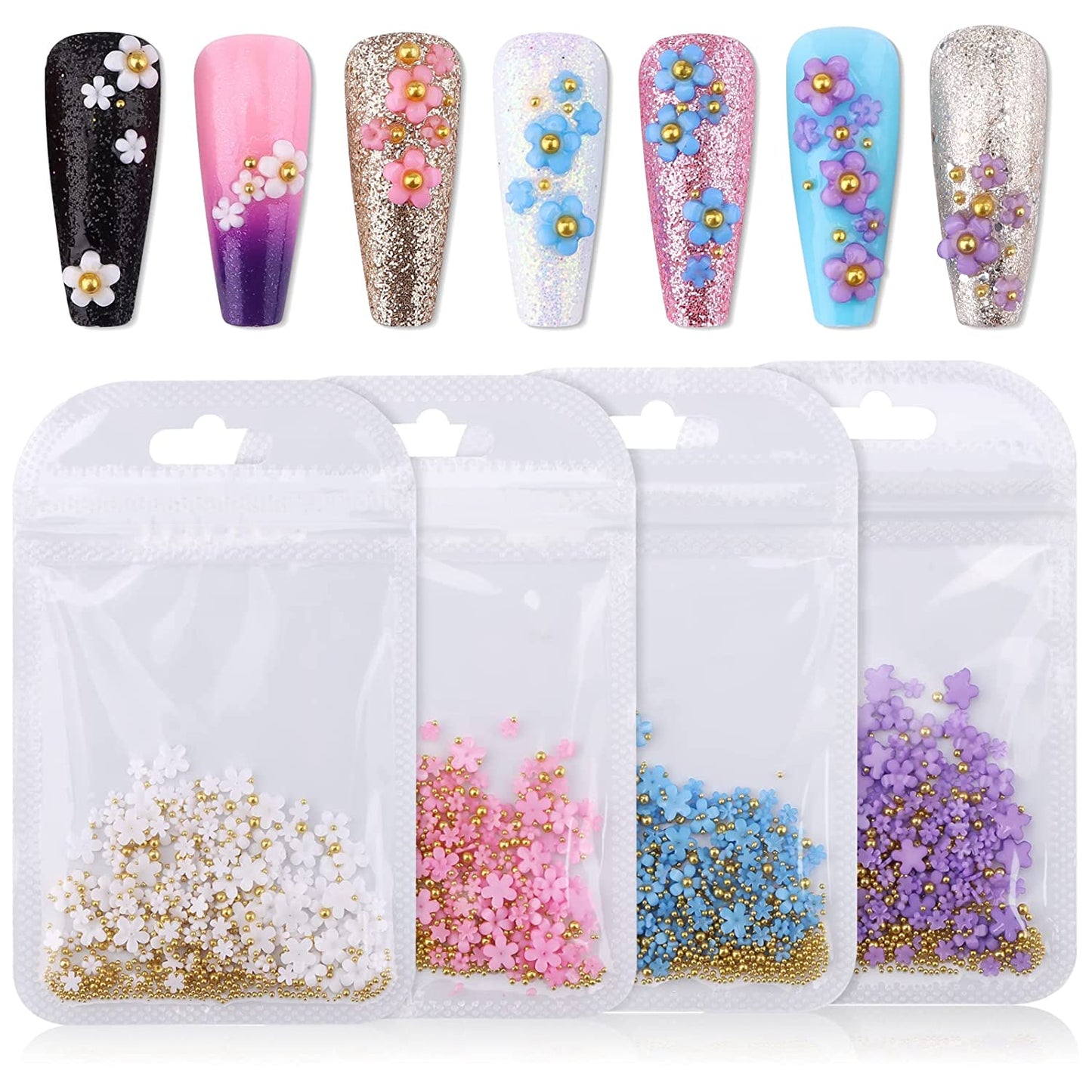 Gleevia 3D Colorful Flower Nail Charms with Gold Pearl Caviar Beads Combo