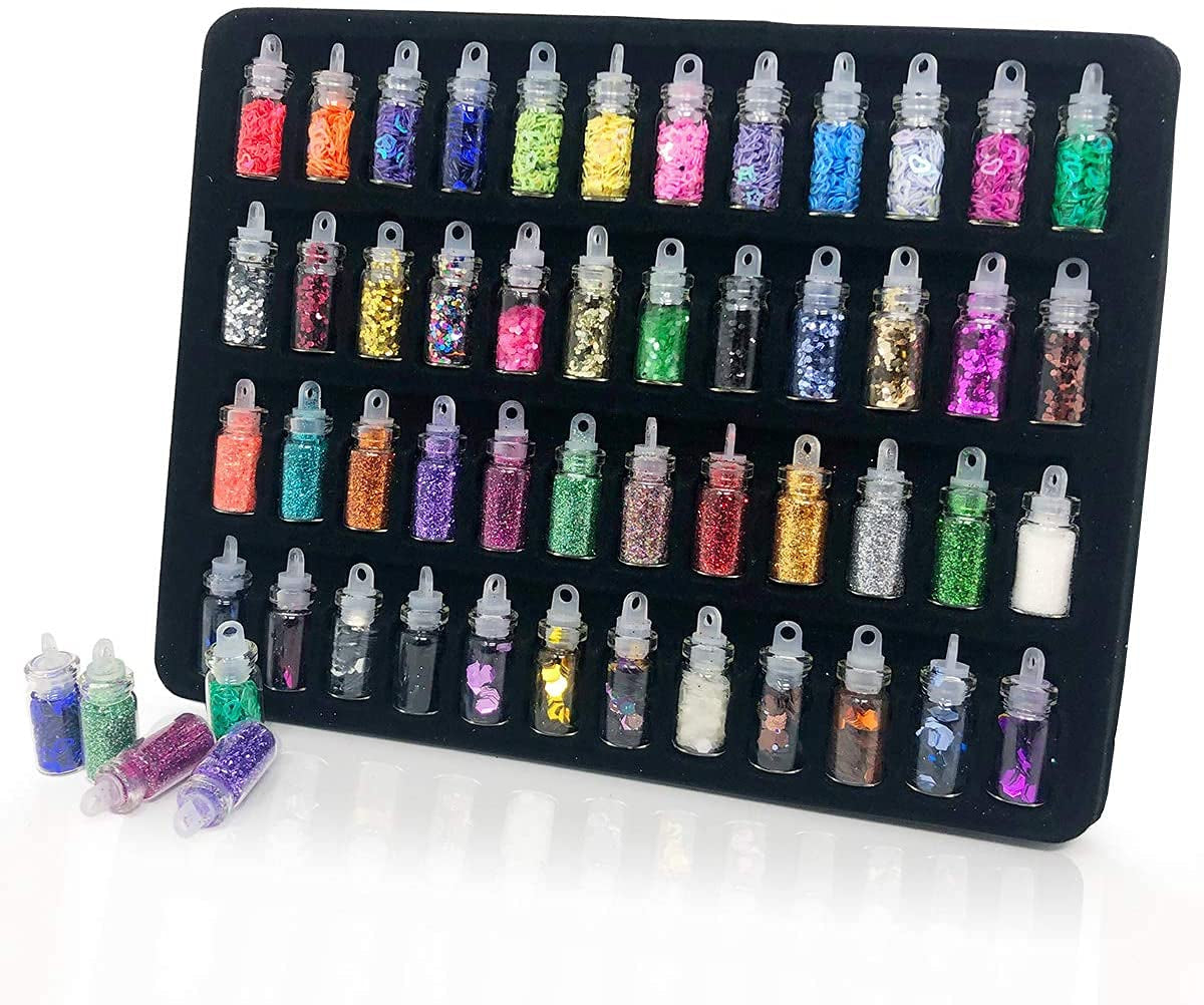 Gleevia Glitter Bottles 48in1 Resin Charm Glitter Sequins Mylar Set With Tweezer Combo (Multicolor)