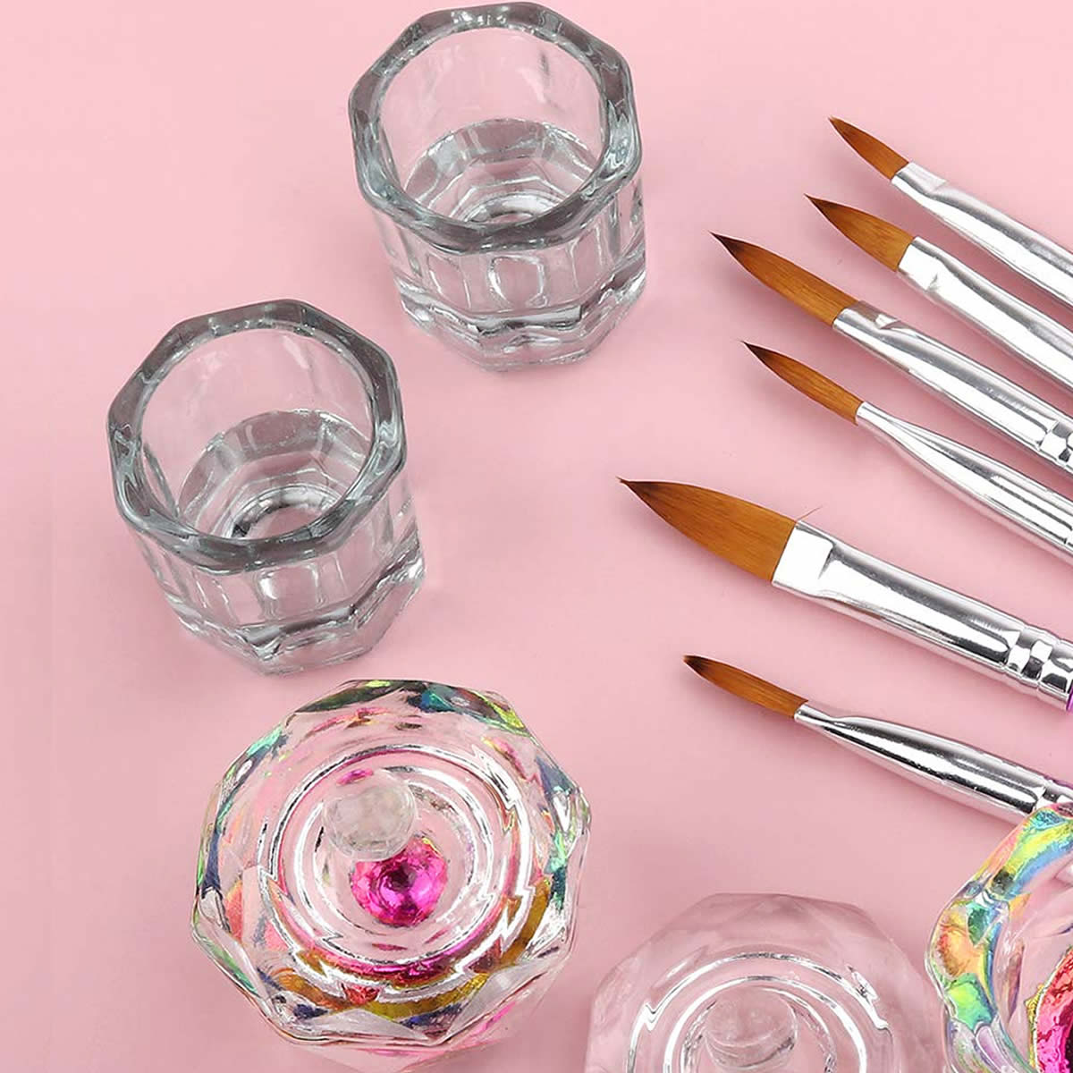 Gleevia Acrylic Nail Brush Dappen Dish Set, 5PCS Nail Art Pen and 2PCS Crystal Dappen Dish for Acrylic Nails, Manicure Bowl Cup Glass Container for Acrylic Liquid Nail Tool Kit