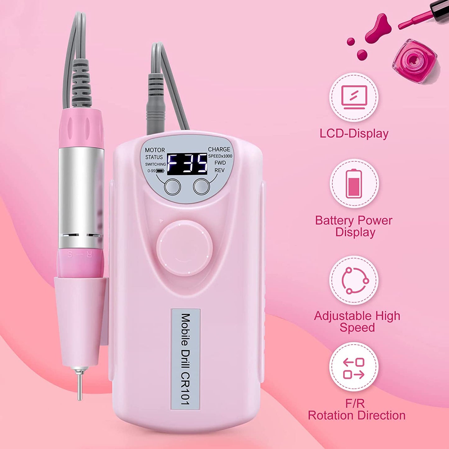 Gleevia Rechargeable 30000 RPM Nail Drill, Electric Nail Drill Kit for Acrylic, Salon Use or Home DIY with 6 Pcs Nail Drill Bits