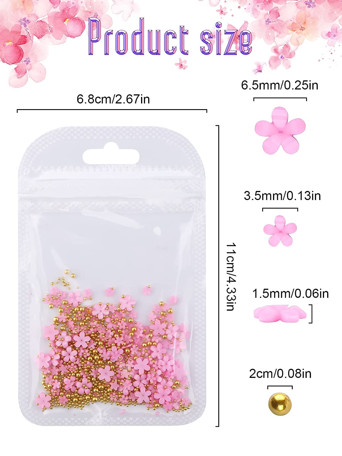 Gleevia 3D Colorful Flower Nail Charms with Gold Pearl Caviar Beads Combo