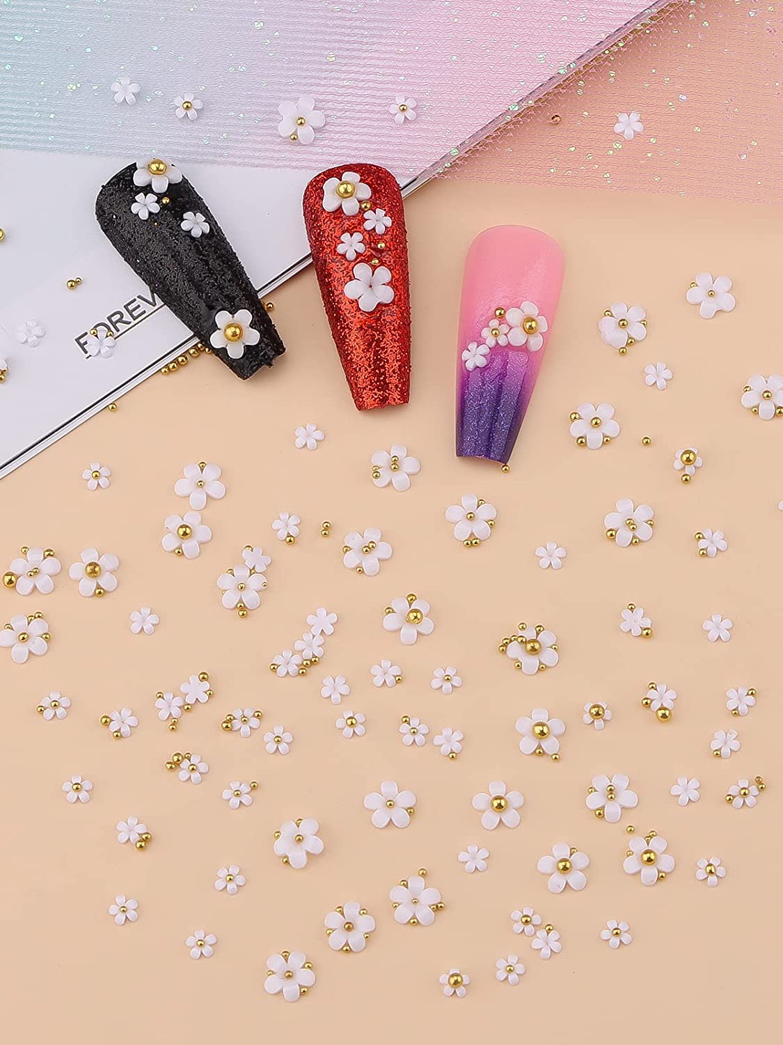 Gleevia 3D Colorful Flower Nail Charms with Gold Pearl Caviar Beads Combo