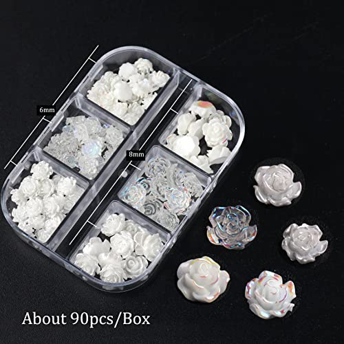 Gleevia 90Pcs White 3D Acrylic Flower Nail Charms Nail Art Acrylic Jewelry