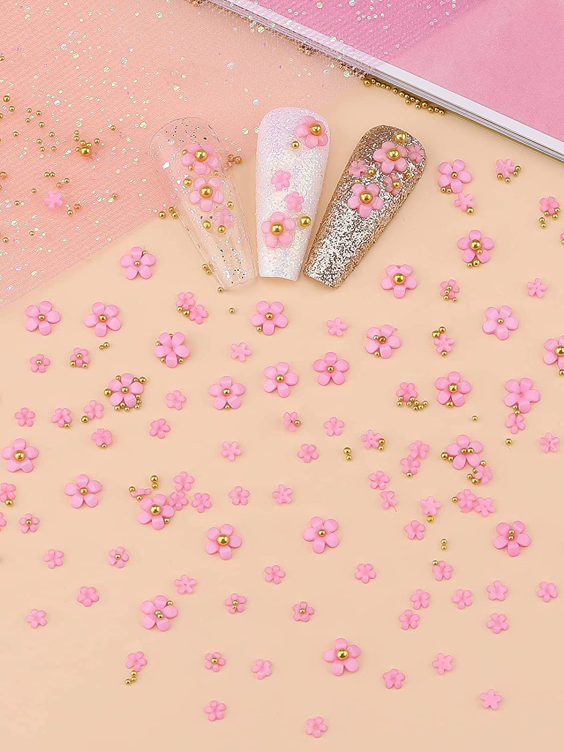 Gleevia 3D Colorful Flower Nail Charms with Gold Pearl Caviar Beads Combo