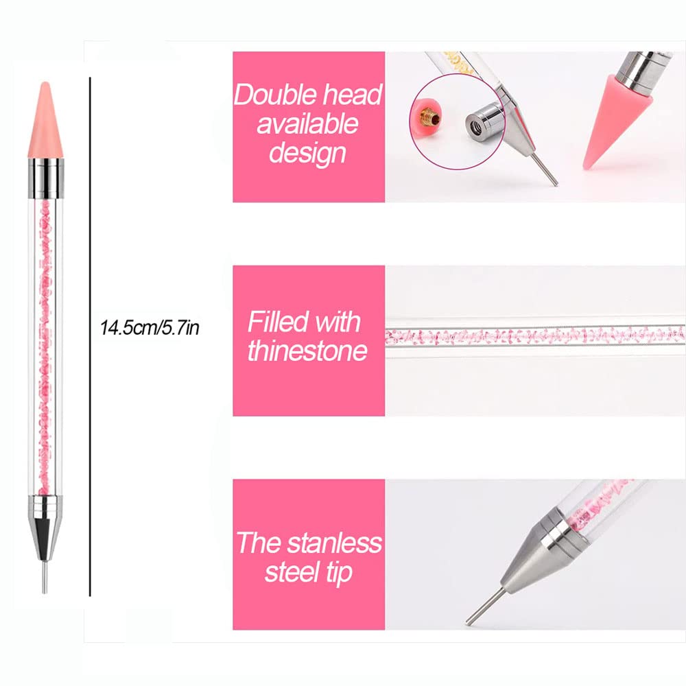 Double-head Wax Nail Rhinestone Picker Pencil Diamond Acrylic Handle Self-Adhesive Nail Art Design Dotting Pen Beads Crystal Gem Pick Up Applicator Tool with Storage Case