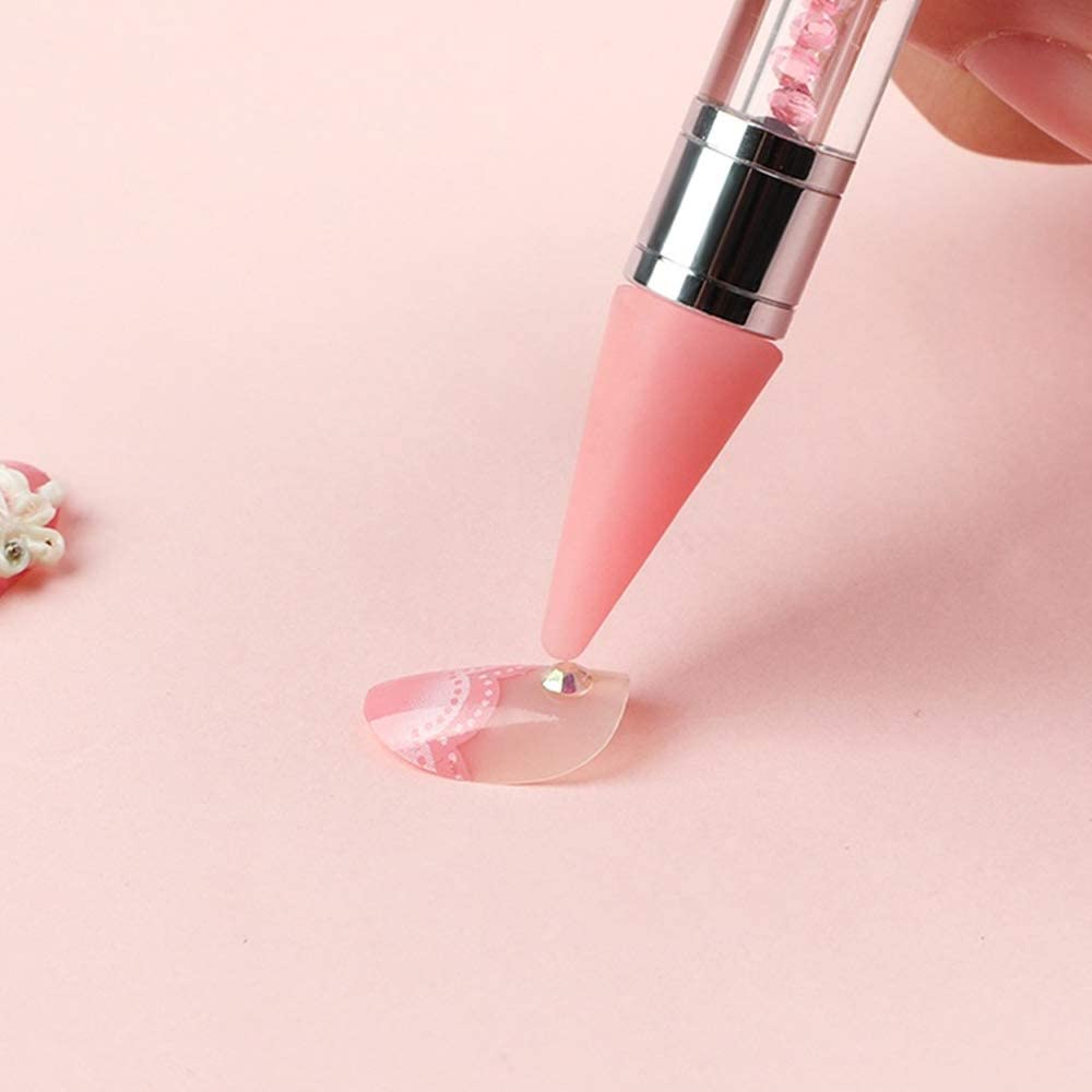 Gleevia Double-head Wax Nail Rhinestone Picker Pencil Diamond Acrylic Handle Self-Adhesive Nail Art Design Dotting Pen Beads Crystal Gem Pick Up Applicator Tool with Storage Case (White)