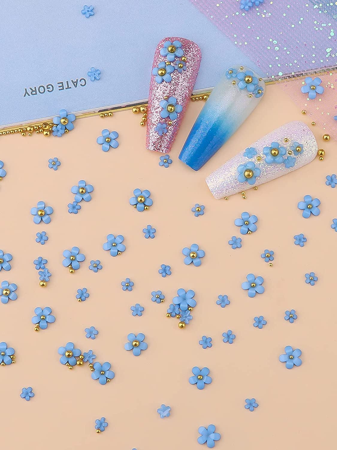 Gleevia 3D Colorful Flower Nail Charms with Gold Pearl Caviar Beads Combo