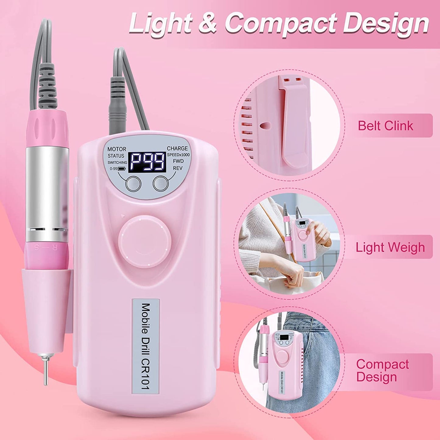 Gleevia Rechargeable 30000 RPM Nail Drill, Electric Nail Drill Kit for Acrylic, Salon Use or Home DIY with 6 Pcs Nail Drill Bits