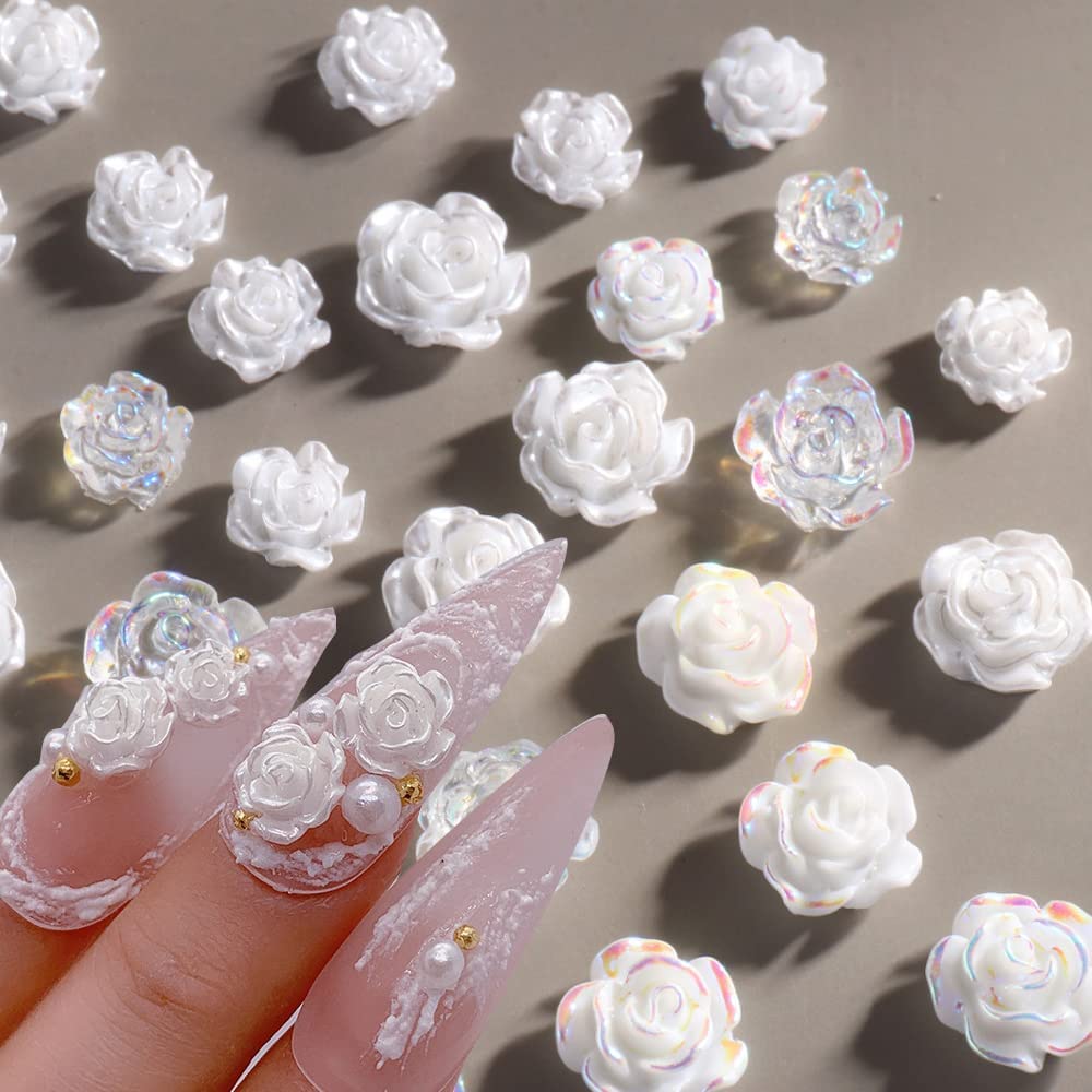 Gleevia 90Pcs White 3D Acrylic Flower Nail Charms Nail Art Acrylic Jewelry