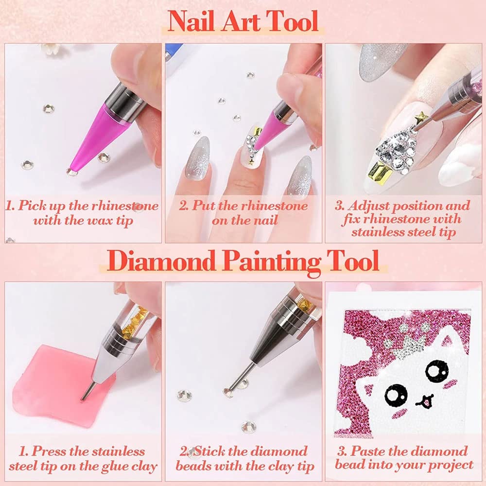 Double-head Wax Nail Rhinestone Picker Pencil Diamond Acrylic Handle Self-Adhesive Nail Art Design Dotting Pen Beads Crystal Gem Pick Up Applicator Tool with Storage Case