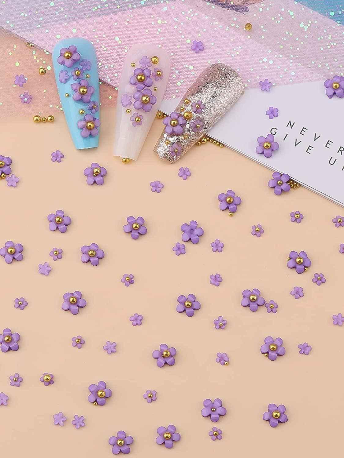 Gleevia 3D Colorful Flower Nail Charms with Gold Pearl Caviar Beads Combo