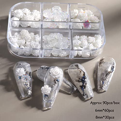 Gleevia 90Pcs White 3D Acrylic Flower Nail Charms Nail Art Acrylic Jewelry