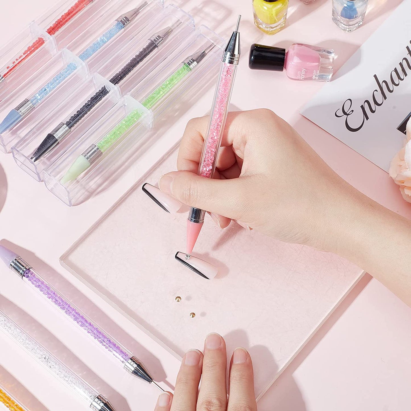 Double-head Wax Nail Rhinestone Picker Pencil Diamond Acrylic Handle Self-Adhesive Nail Art Design Dotting Pen Beads Crystal Gem Pick Up Applicator Tool with Storage Case
