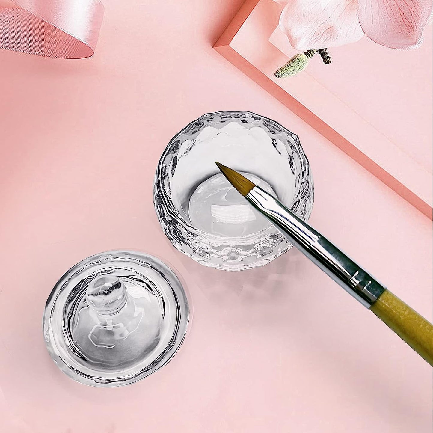 Gleevia Acrylic Nail Brush Dappen Dish Set, 5PCS Nail Art Pen and 2PCS Crystal Dappen Dish for Acrylic Nails, Manicure Bowl Cup Glass Container for Acrylic Liquid Nail Tool Kit