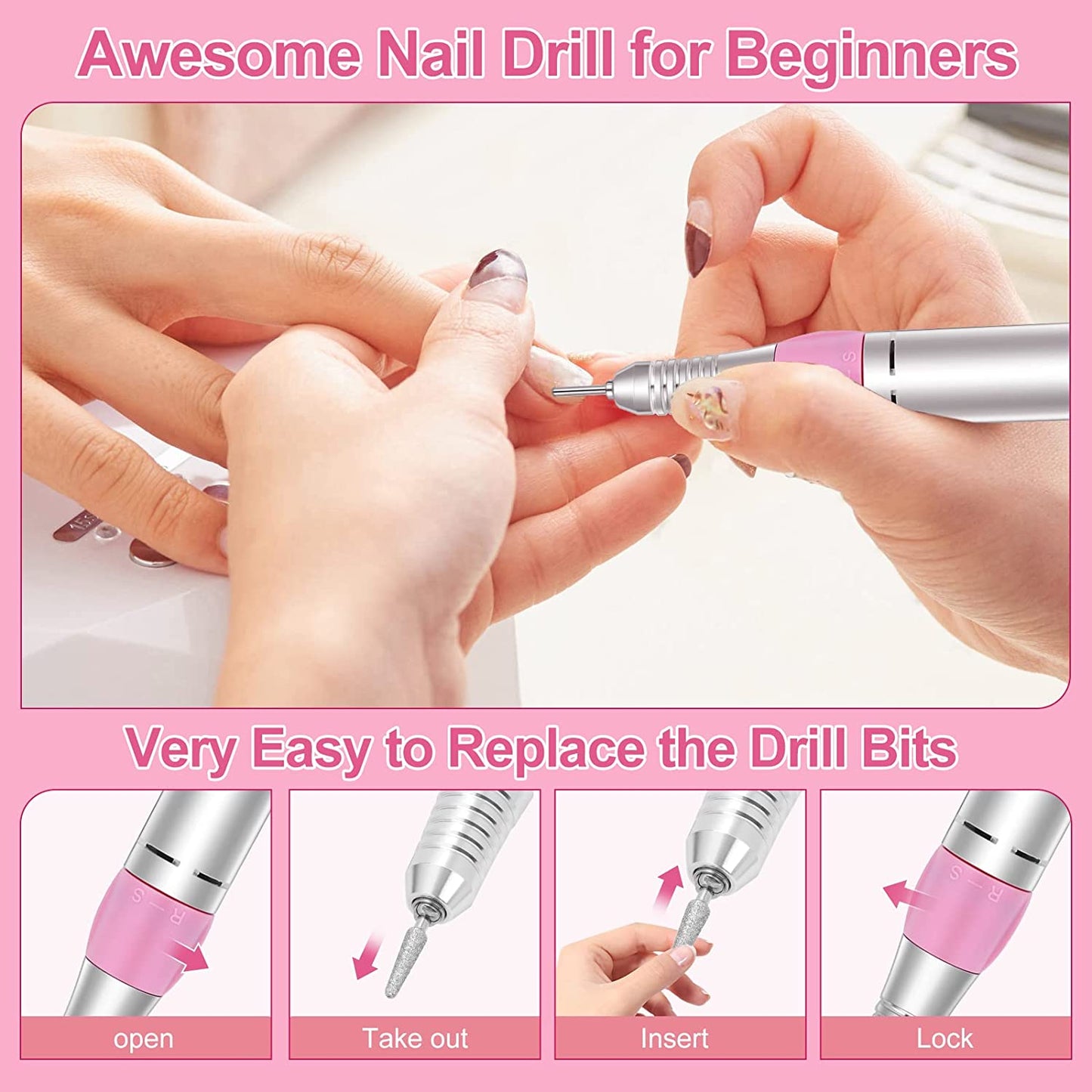 Gleevia Rechargeable 30000 RPM Nail Drill, Electric Nail Drill Kit for Acrylic, Salon Use or Home DIY with 6 Pcs Nail Drill Bits