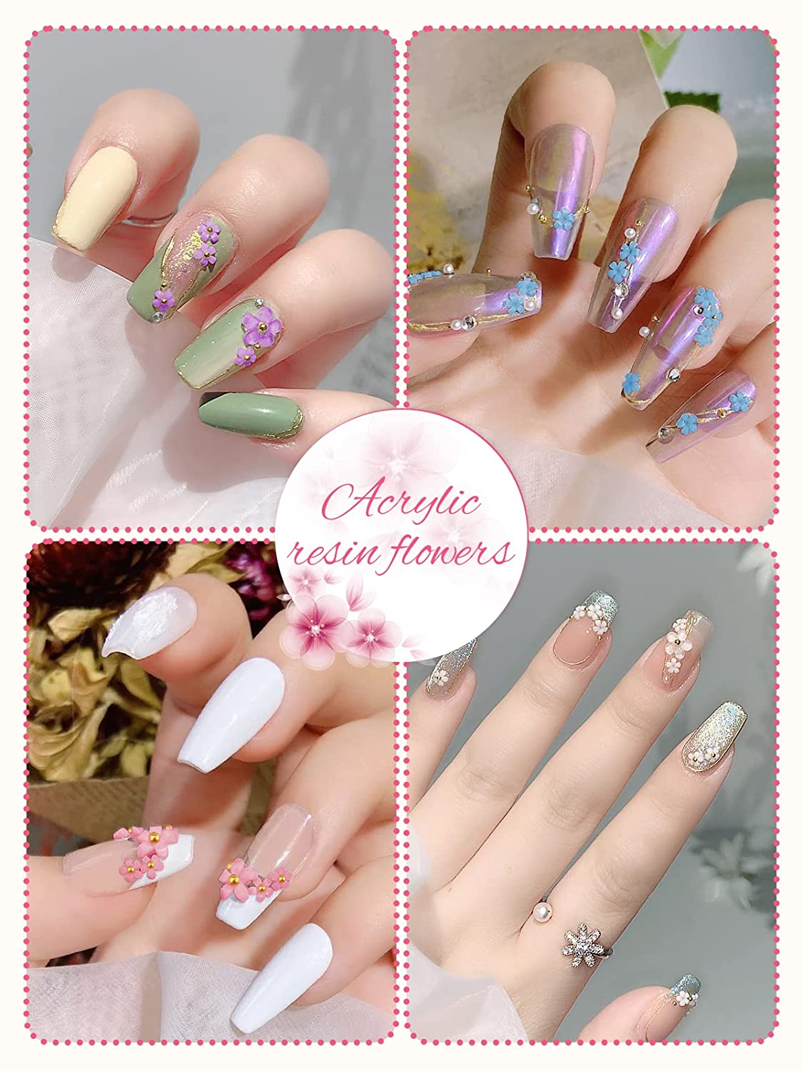 Gleevia 3D Colorful Flower Nail Charms with Gold Pearl Caviar Beads Combo