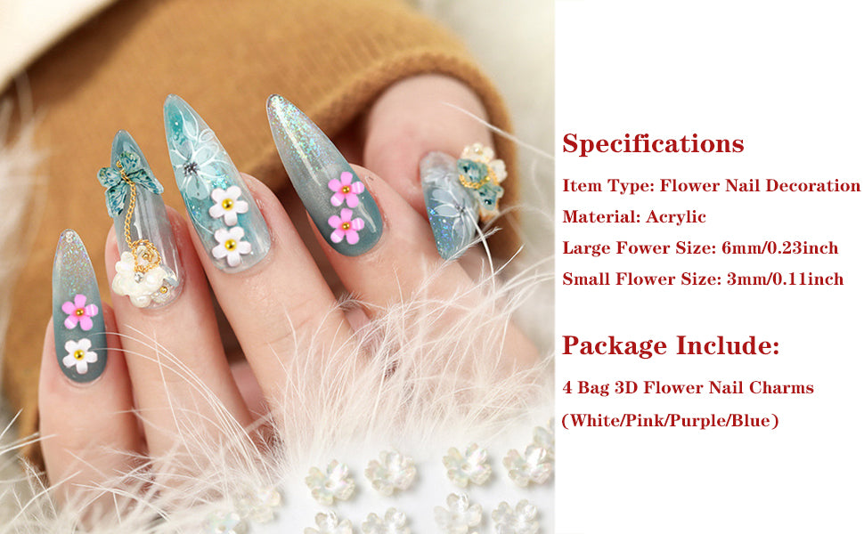 Gleevia 3D Colorful Flower Nail Charms with Gold Pearl Caviar Beads Combo