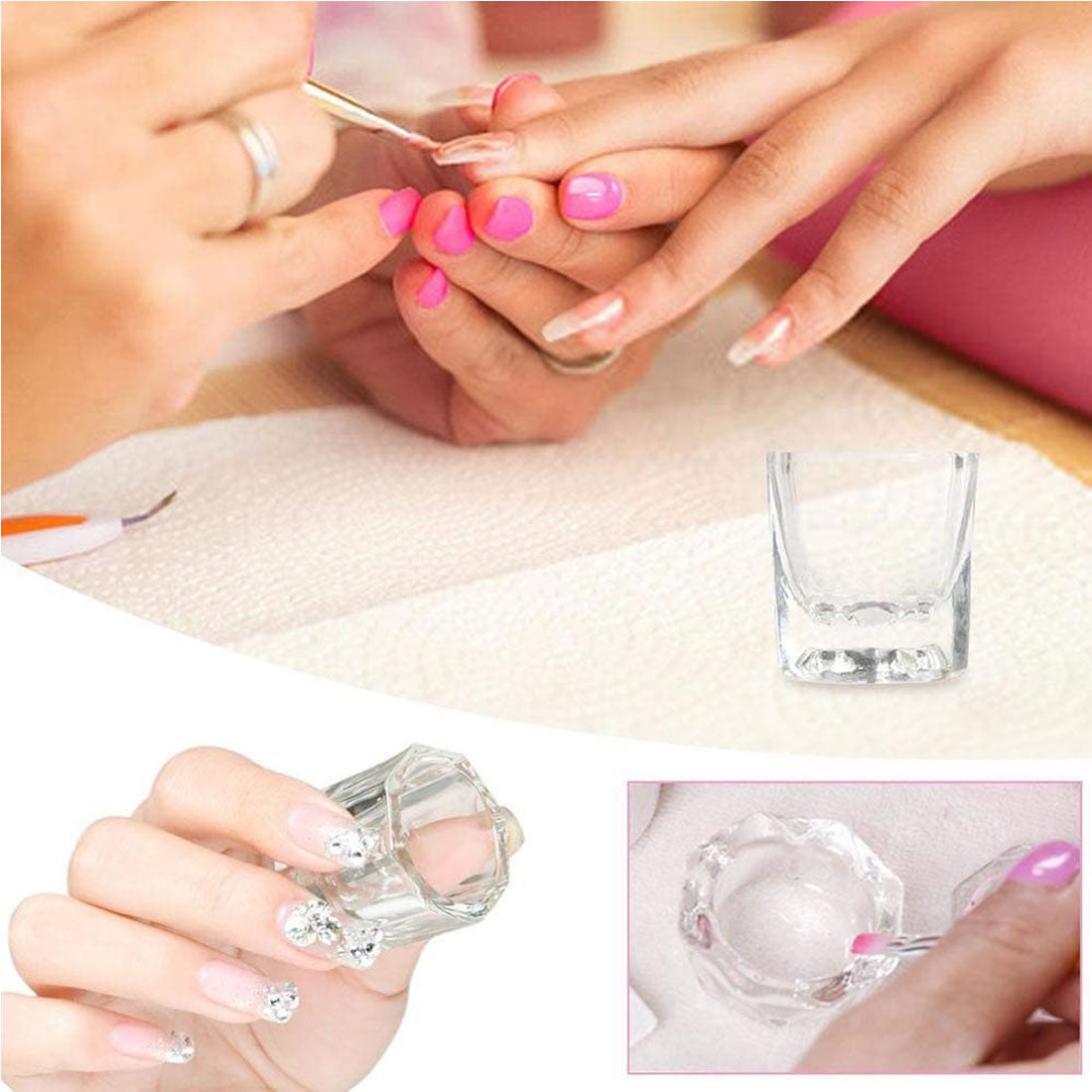 Gleevia Acrylic Nail Brush Dappen Dish Set, 5PCS Nail Art Pen and 2PCS Crystal Dappen Dish for Acrylic Nails, Manicure Bowl Cup Glass Container for Acrylic Liquid Nail Tool Kit