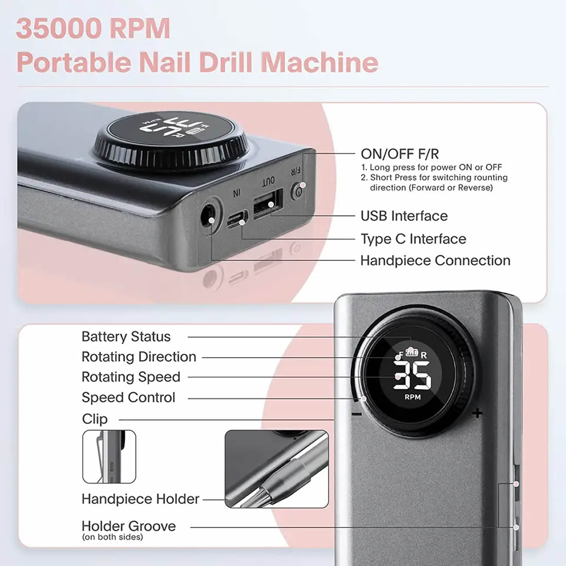 Gleevia Professional Electric Nail Drill Machine, UV201 Rechargeable 35000RPM