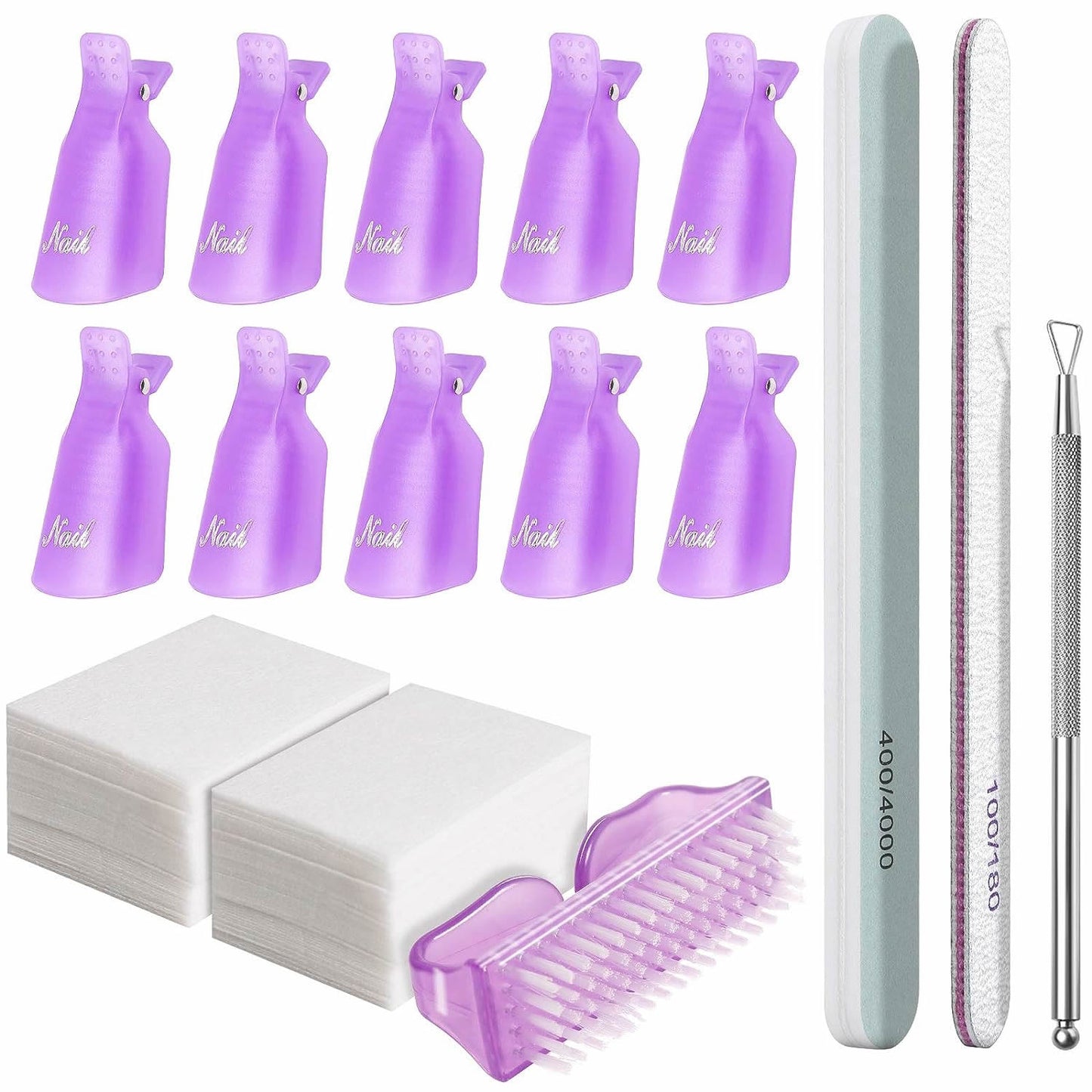 Gleevia Nail Gel Remover Tools Kit with Nail Remover Clips, Nail Remover Pads, Nail Brushes, Nail File Buffer, Cuticle Peeler