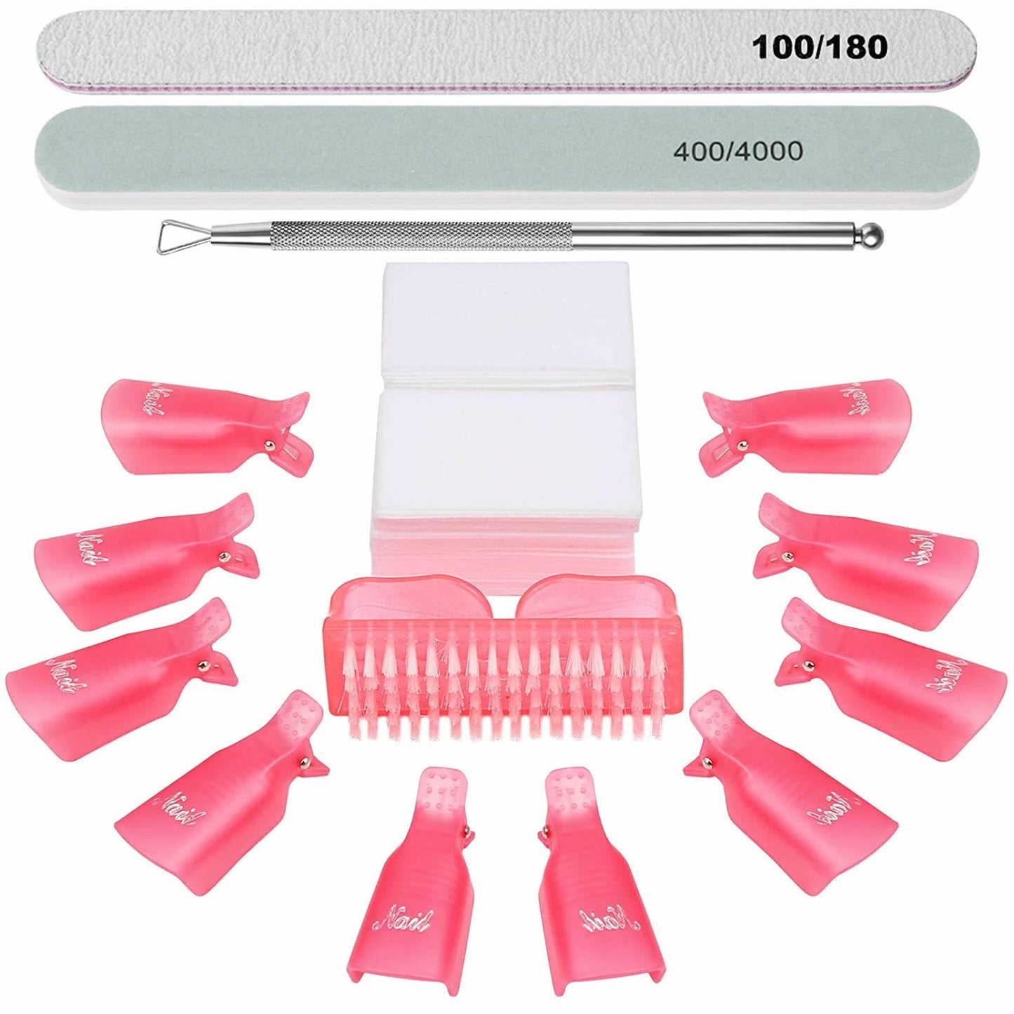 Gleevia Nail Gel Remover Tools Kit with Nail Remover Clips, Nail Remover Pads, Nail Brushes, Nail File Buffer, Cuticle Peeler
