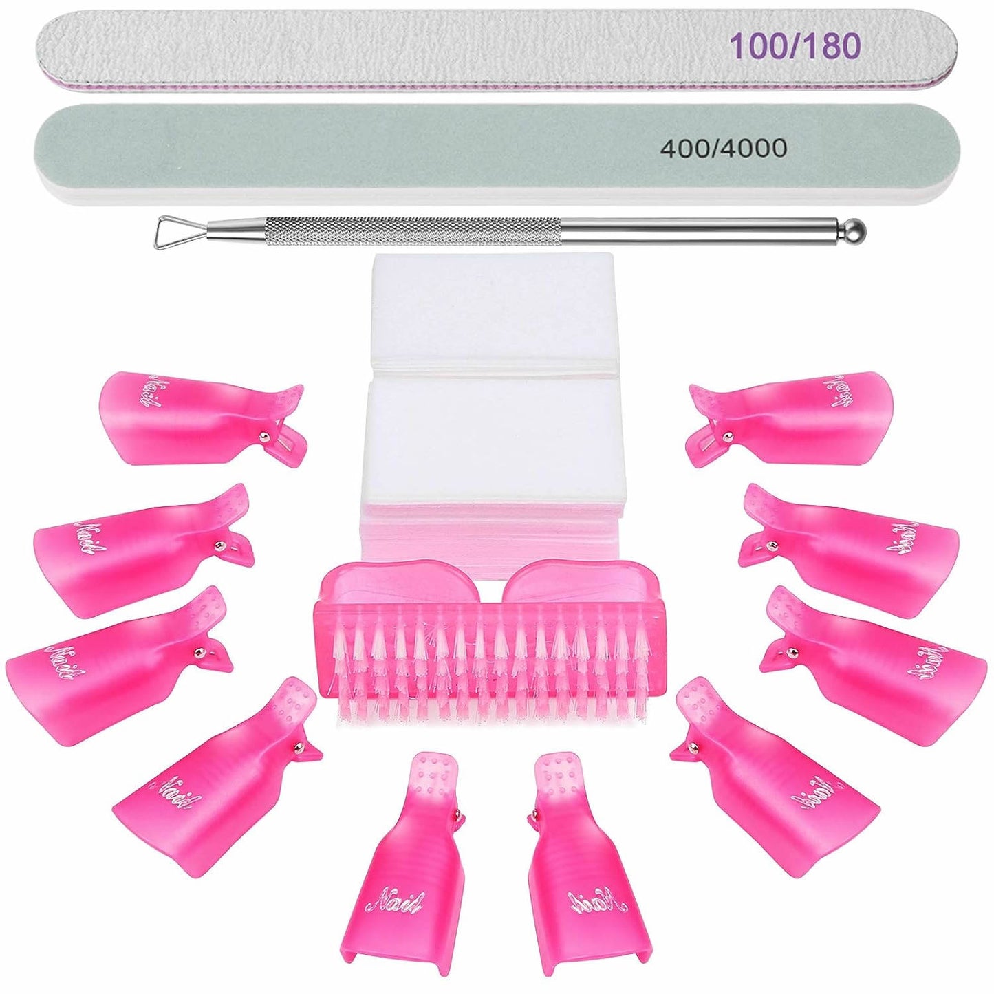 Gleevia Nail Gel Remover Tools Kit with Nail Remover Clips, Nail Remover Pads, Nail Brushes, Nail File Buffer, Cuticle Peeler