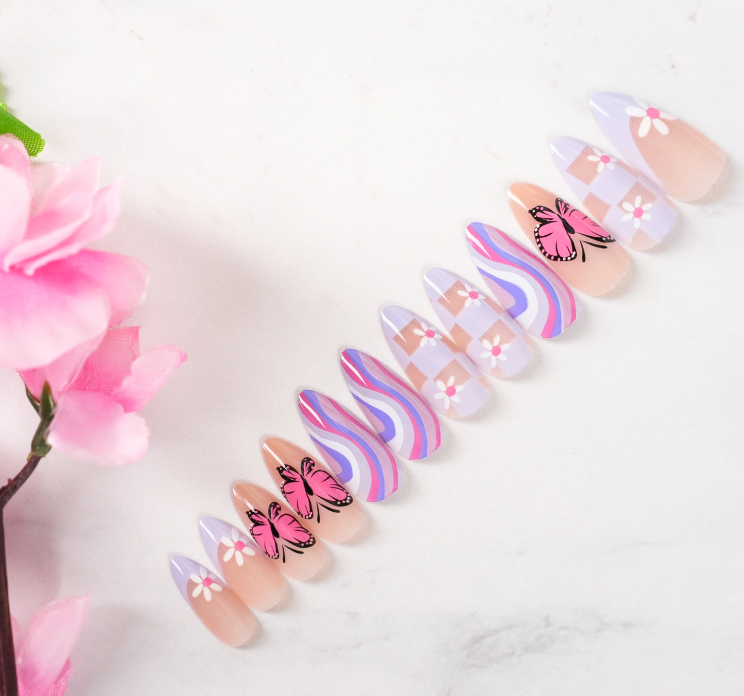 Artificial Press-on Nail Tips | Pre-Designed Reusable Fake Nails with Glue, Pusher & Filer DIY Pack #225