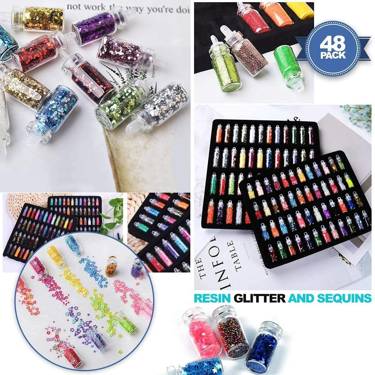48Pcs Glass Bottles Mylar 3D Nail Art Glitter Sequins Rhinestones Beads (Multicolor)