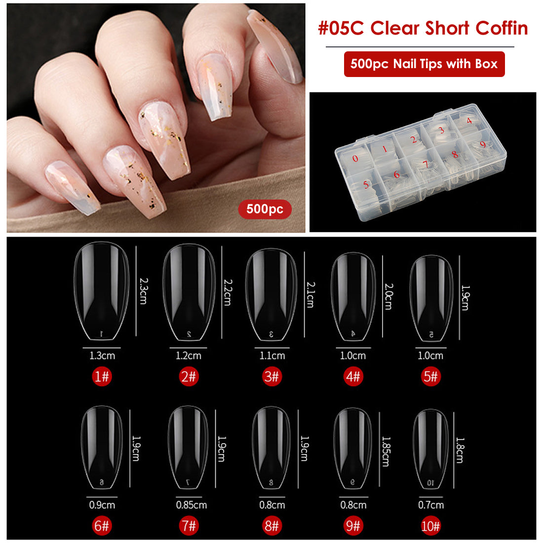 Gleevia Artificial Unbreakable Clear Short Coffin Nail Tips Finger Nail Extension 500pc/Box