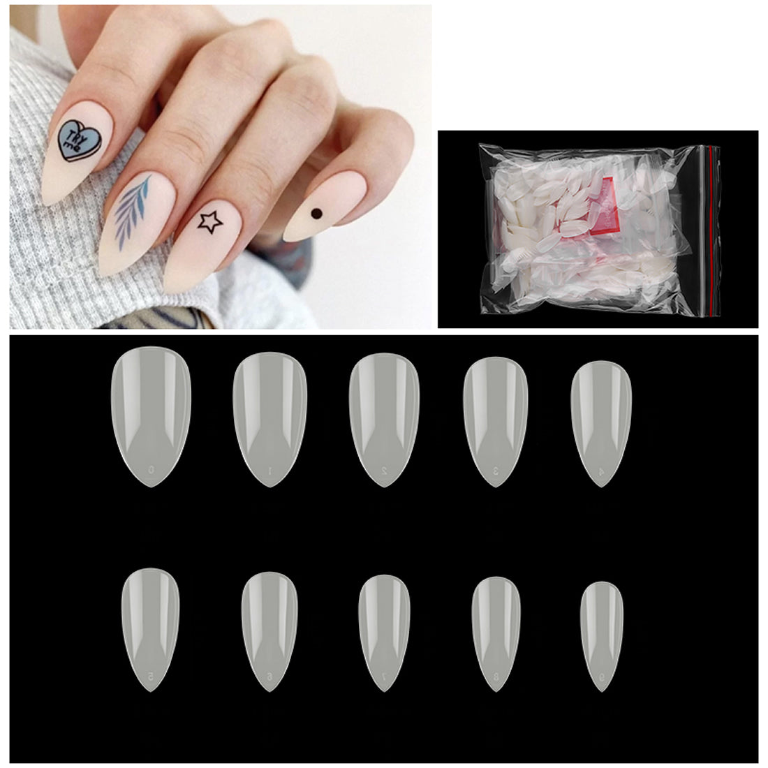 Gleevia Artificial Unbreakable Natural Short Stiletto Nail Tips Finger Nail Extension 500pc/Box