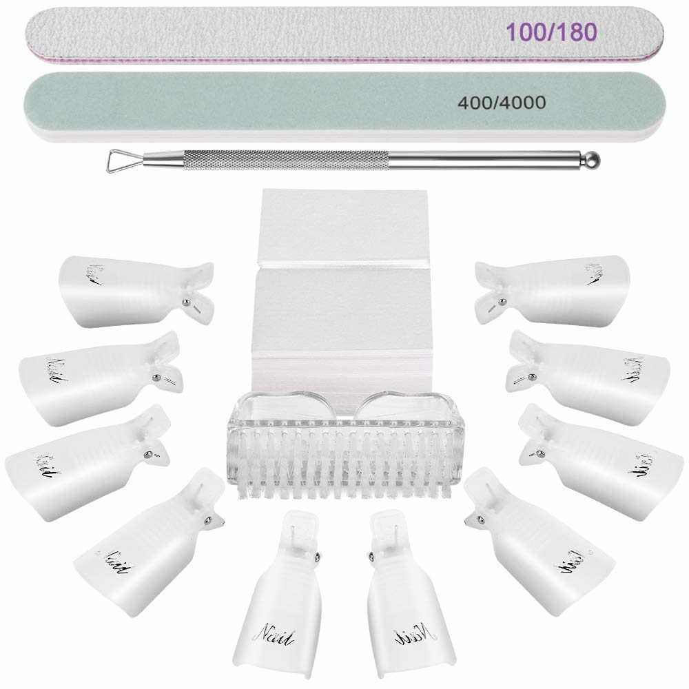 Gleevia Nail Gel Remover Tools Kit with Nail Remover Clips, Nail Remover Pads, Nail Brushes, Nail File Buffer, Cuticle Peeler