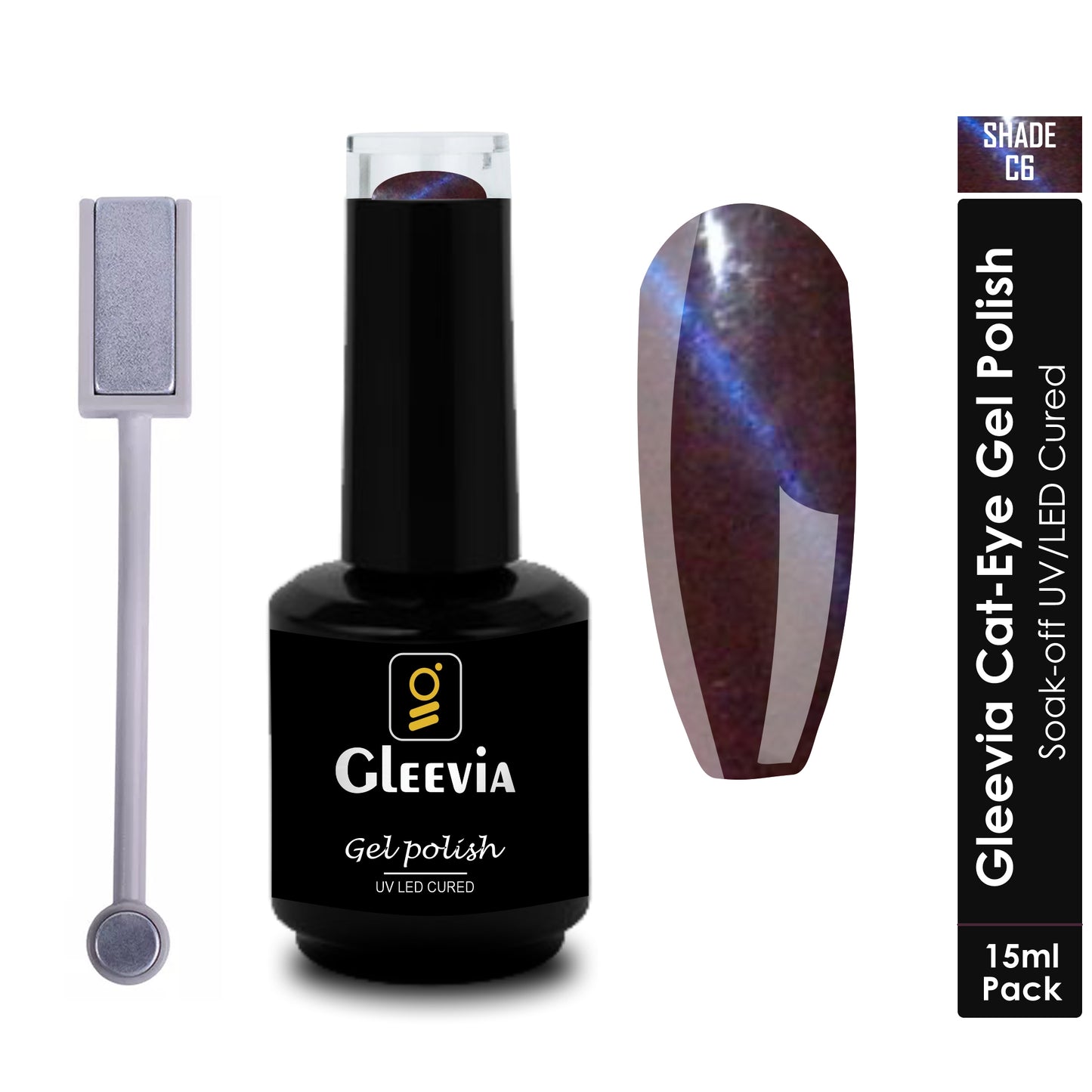 Gleevia Cat-Eye UV Gel Nail Polish 15ml Brush Bottle with Double Head Magnet Combo Shade C6