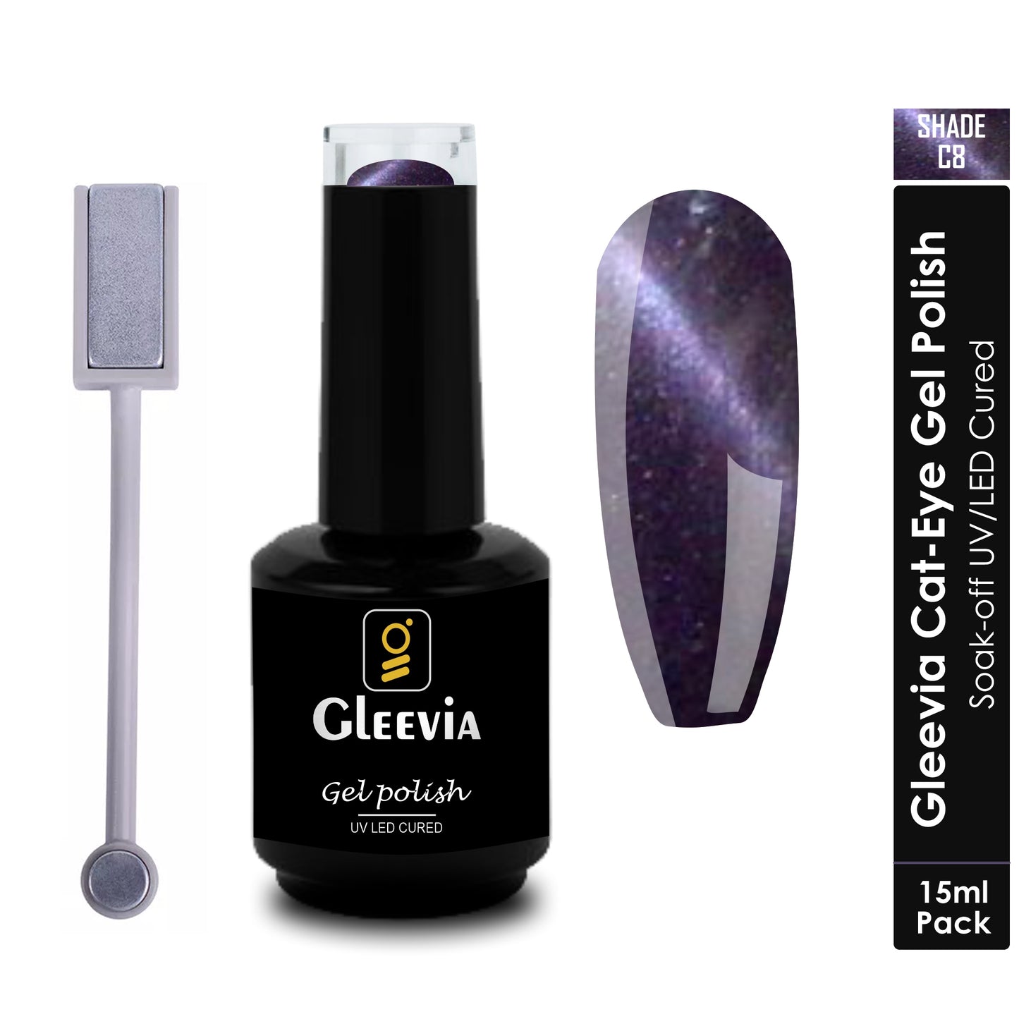 Gleevia Cat-Eye UV Gel Nail Polish 15ml Brush Bottle with Double Head Magnet Combo Shade C8