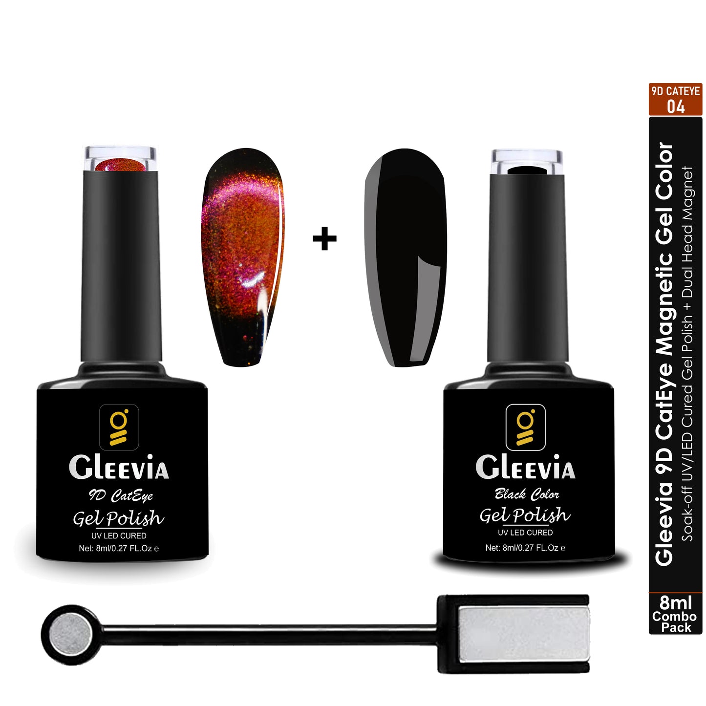 9D CatEye UV Gel Polish | Magnetic 9D Gel for Professionals | Combo Pack of 9D Cateye, Dual Head Magnet and UV Gel Black Color 8ml/each