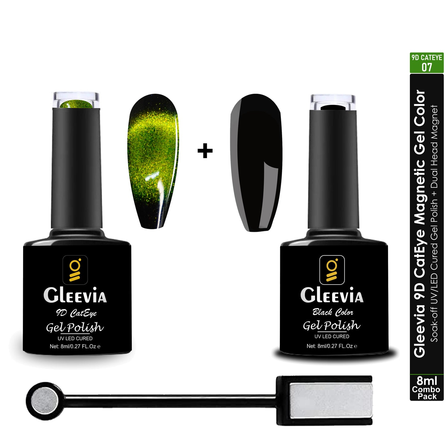 9D CatEye UV Gel Polish | Magnetic 9D Gel for Professionals | Combo Pack of 9D Cateye, Dual Head Magnet and UV Gel Black Color 8ml/each