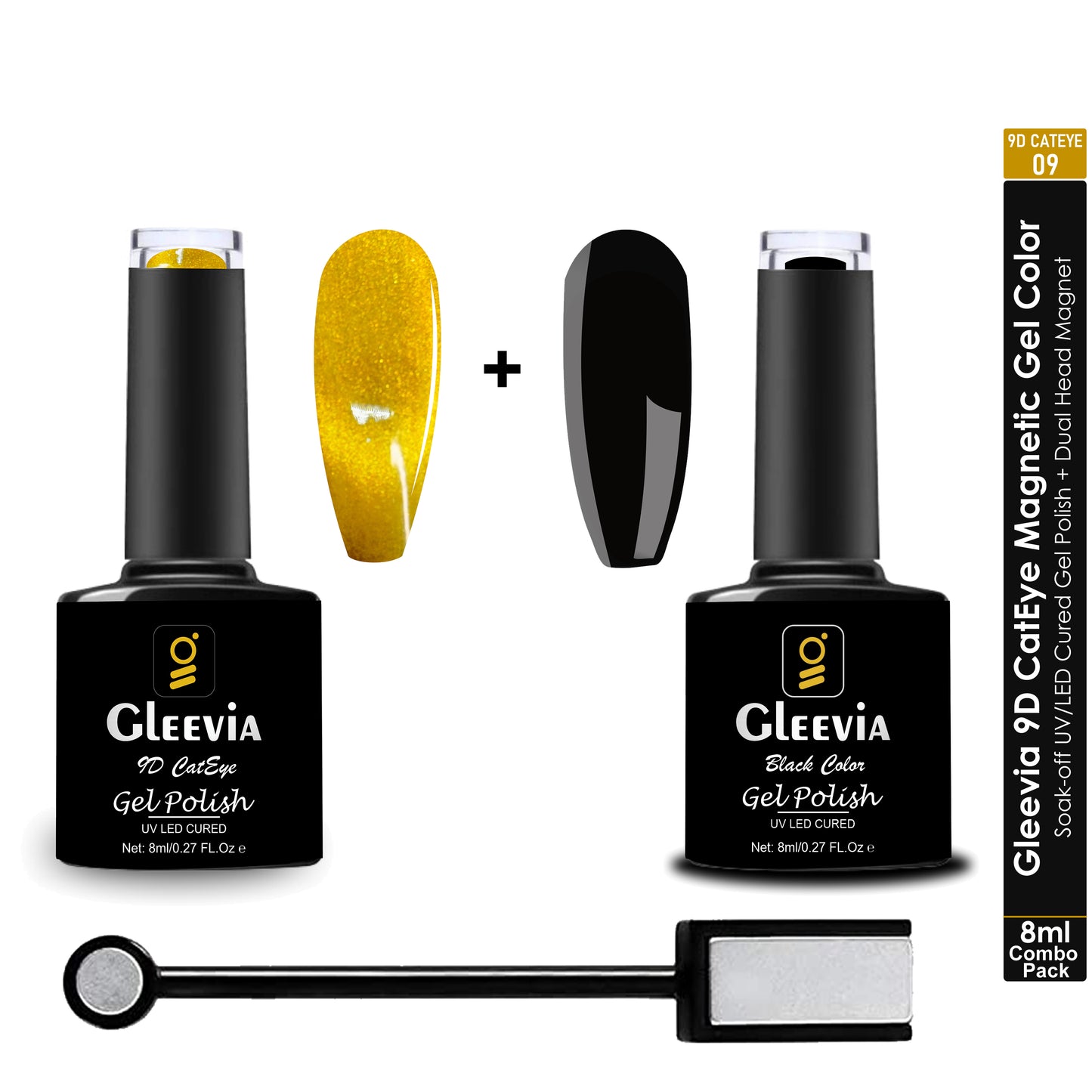 9D CatEye UV Gel Polish | Magnetic 9D Gel for Professionals | Combo Pack of 9D Cateye, Dual Head Magnet and UV Gel Black Color 8ml/each