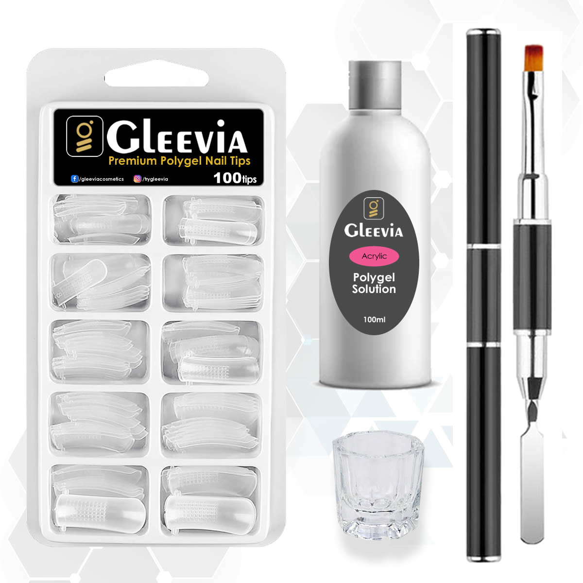 Nail Art Extension Combo Kit of Polygel Tips, Slip Solution, Polygel Brush & Dappen Dish (Pack of 4)