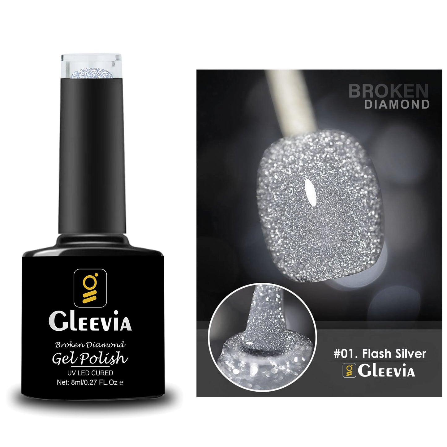 Reflective Glitter Color Flashing Gel Polish UV/LED Lamp Cure | Broken Diamond - Flashing Silver