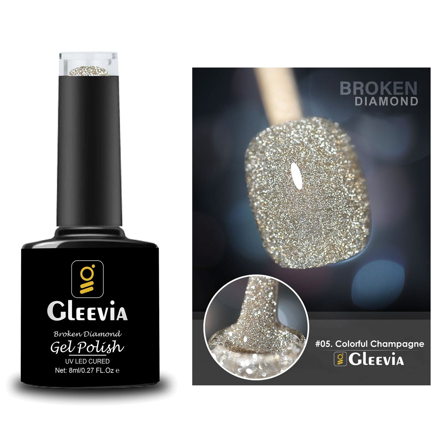 Reflective Glitter Color Flashing Gel Polish UV/LED Lamp Cure | Broken Diamond - Colorful Champagne