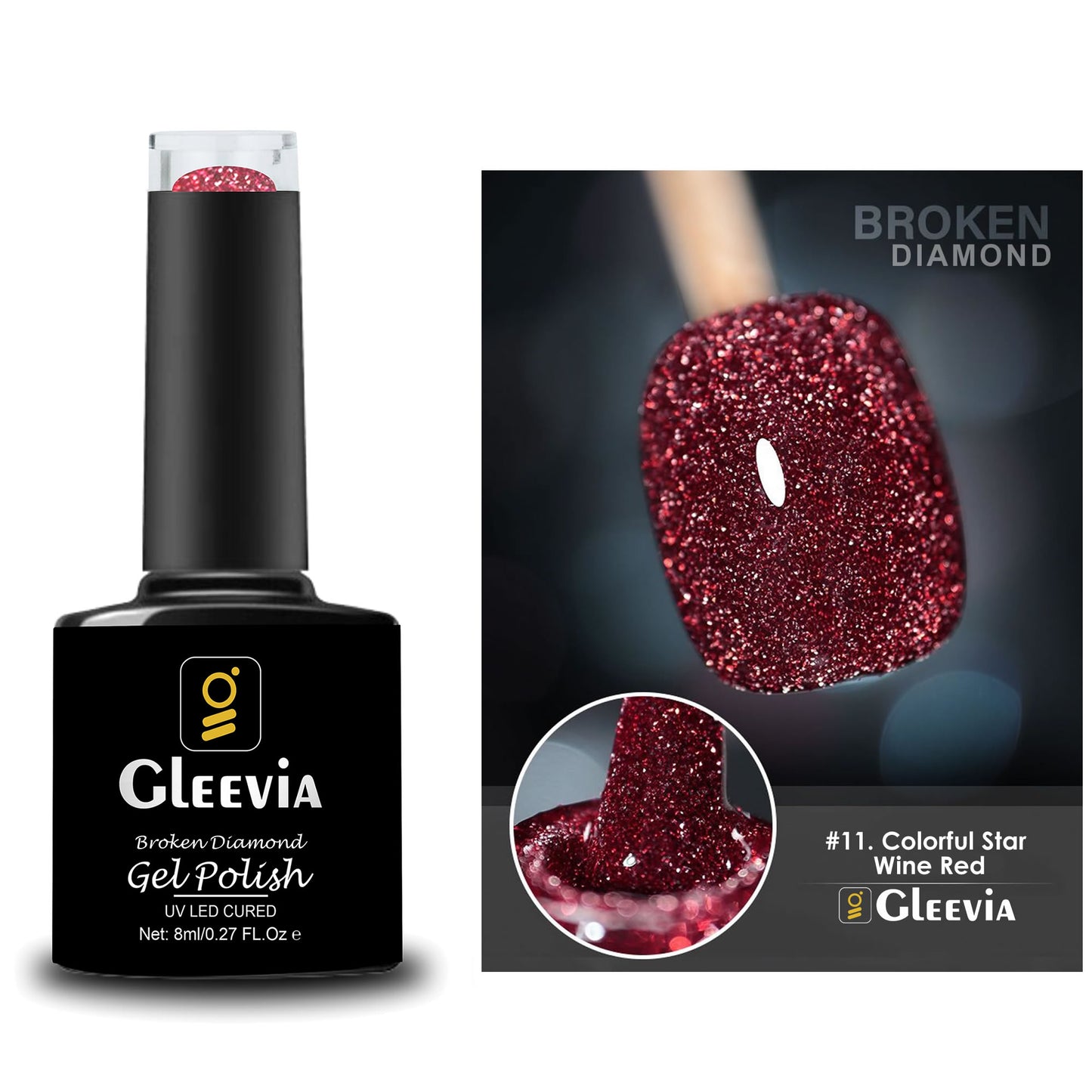 Reflective Glitter Color Flashing Gel Polish UV/LED Lamp Cure | Broken Diamond - Colorful Star Wine Red