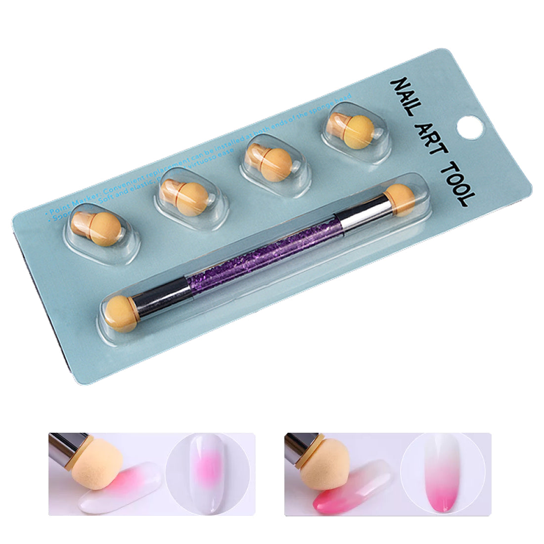 Dual Head Nail Art Sponge Tool Pen Brush for Picking Dotting Gradient Ombre Nail Brush with 4 Replacement Heads