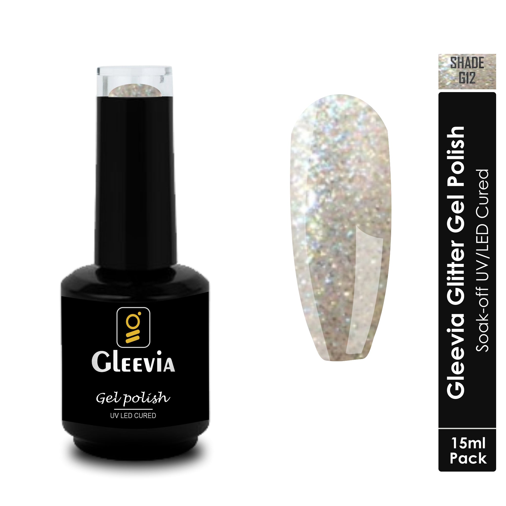 UV LED Soak-Off Glitter Gel Polish for Professionals 15ml Brush Cap G12