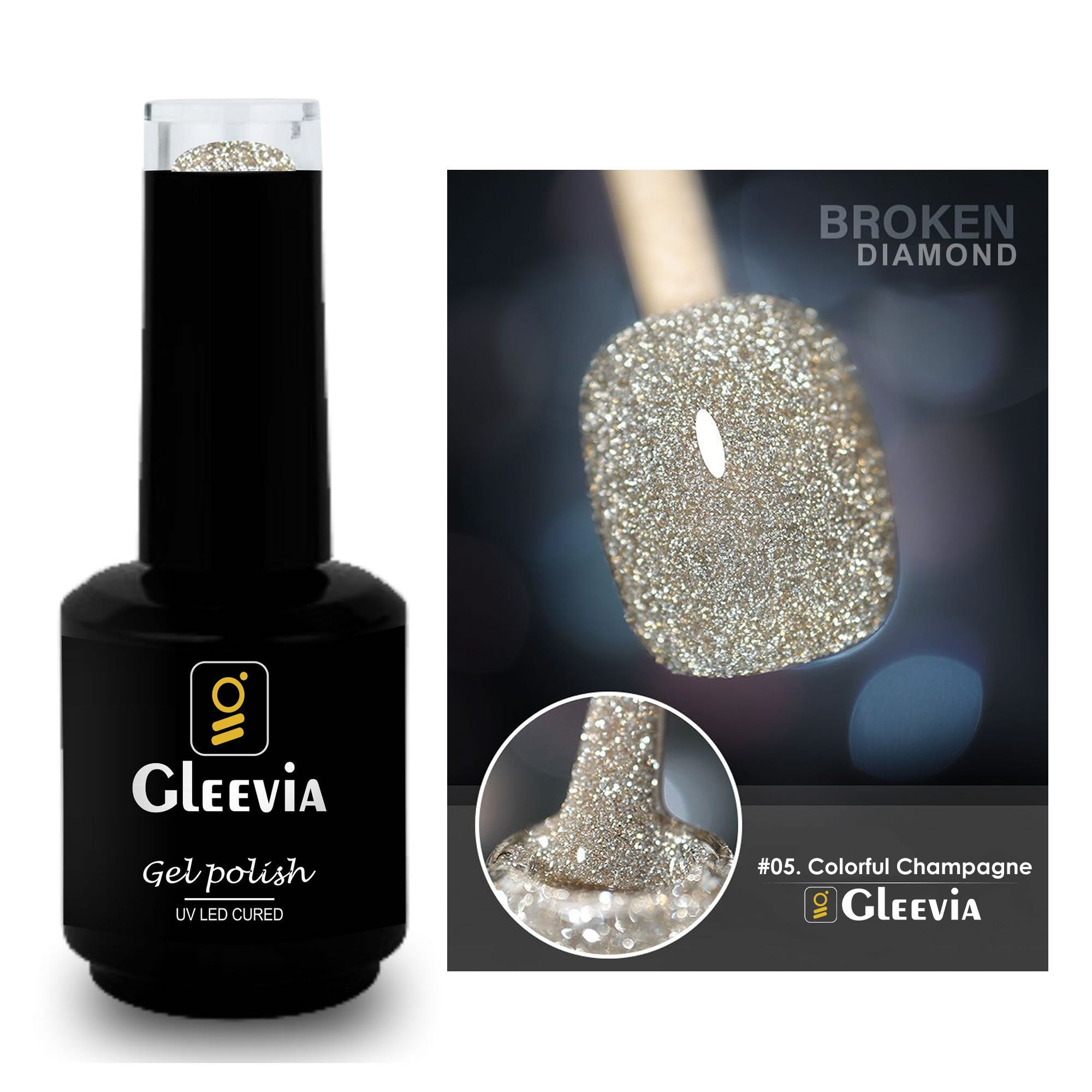 Reflective Glitter Color Flashing Gel Polish UV/LED Lamp Cure | Broken Diamond - Colorful Champagne