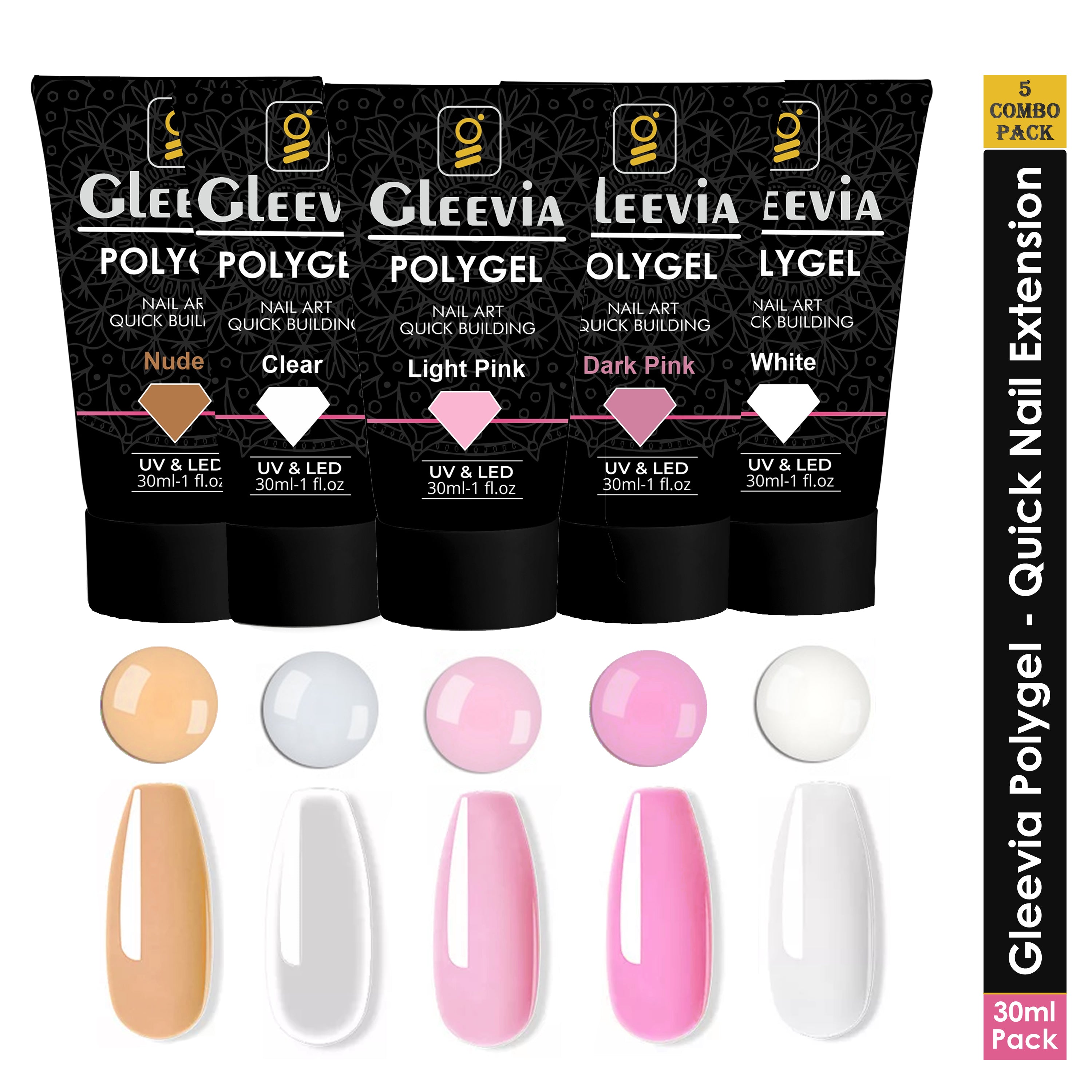 PolyGel Nail Art Quick Building 30ml Each - Nail Extension Gel (Combo Pack of 5 Tube)