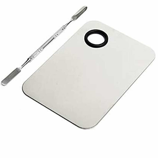 Gleevia Stainless Steel Cosmetic Makeup Mixing Plate with Spatula Tool (Silver)