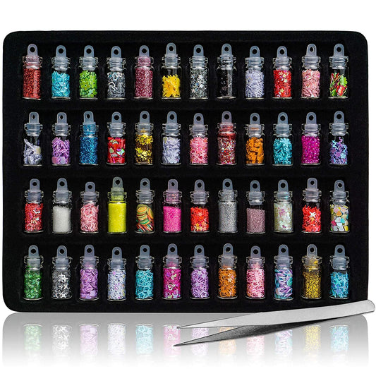 Gleevia Glitter Bottles 48in1 Resin Charm Glitter Sequins Mylar Set With Tweezer Combo (Multicolor)