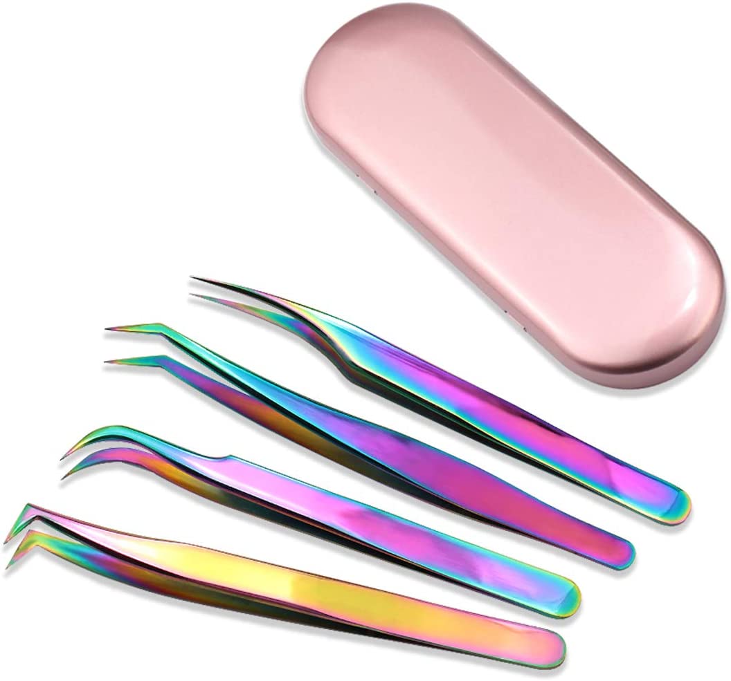 Gleevia Eyelash Tweezers 4in1 Set | Stainless Steel Rainbow Tweezers Set