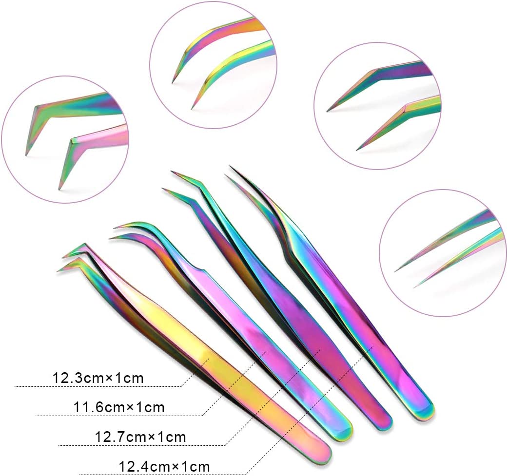 Gleevia Eyelash Tweezers 4in1 Set | Stainless Steel Rainbow Tweezers Set